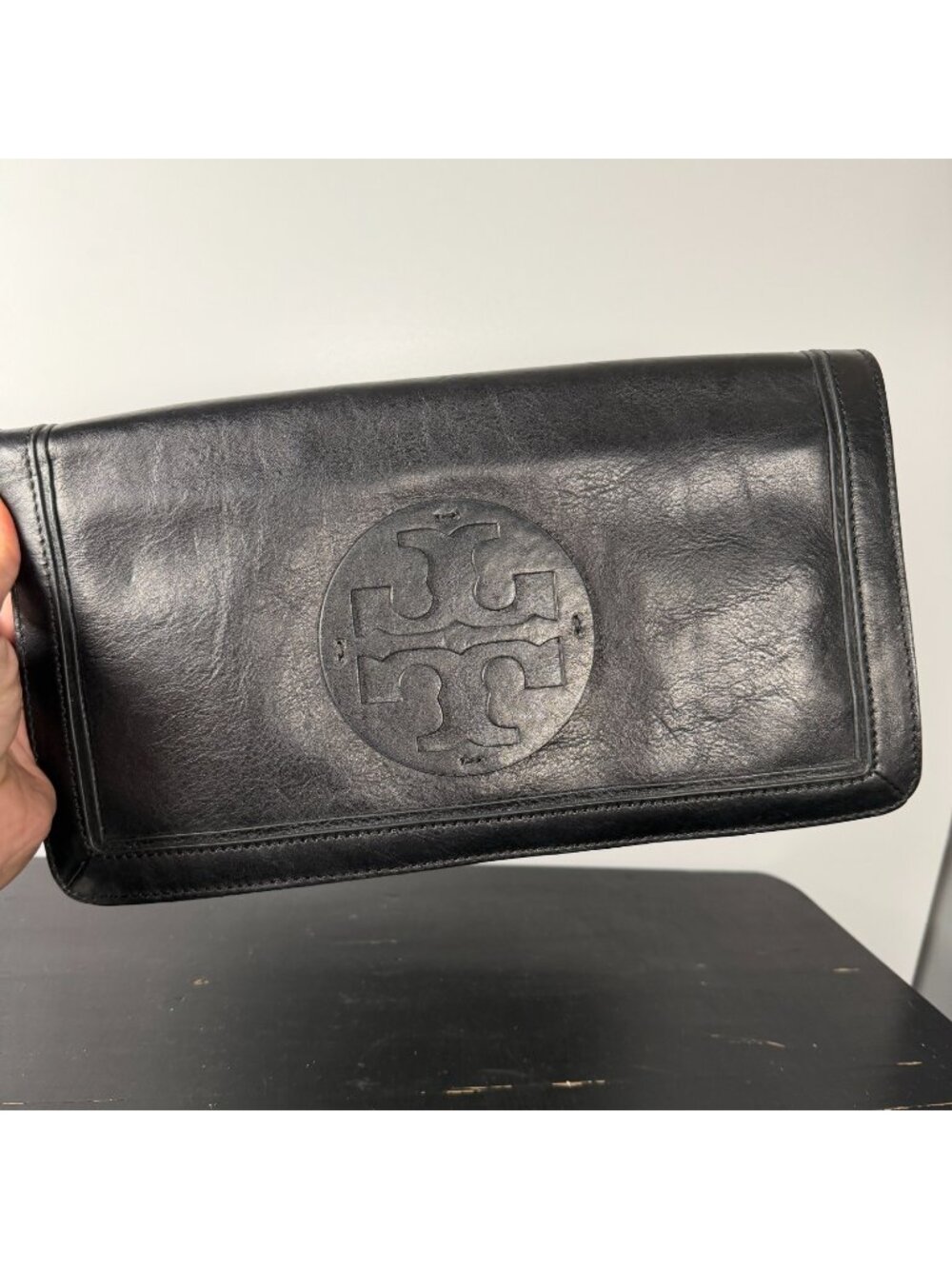 Tory Burch Black Leather Reva Flap Bag Clutch - No Strap/chain